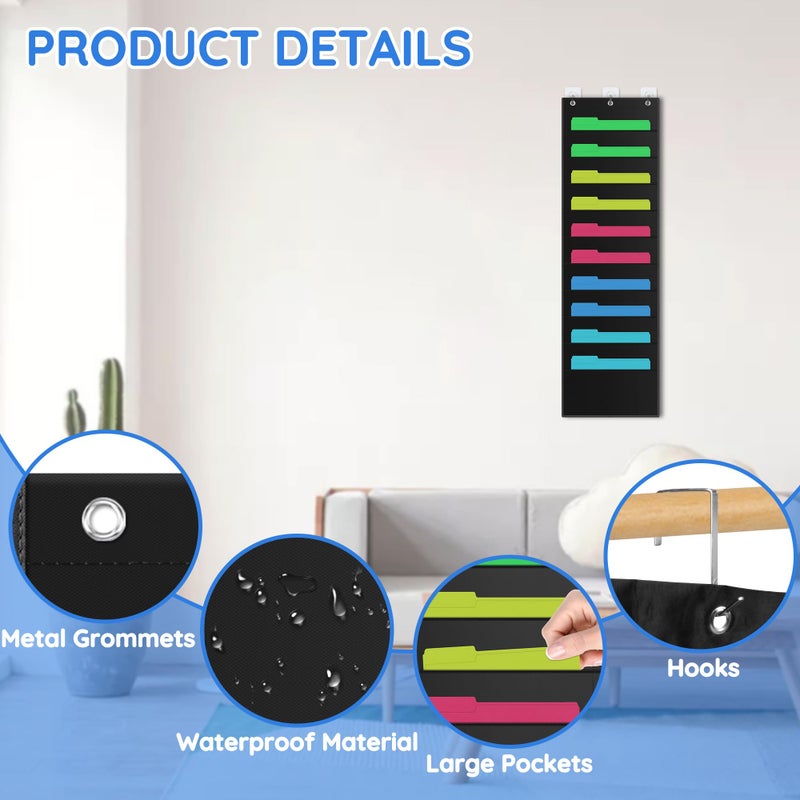 ZKOO 10 Pockets Hanging Wall File Organizer for A4 Size Paper/Legal/Letter Size Document, Sturdy Wall Mail Organizer Black Pocket Chart Great for Classroom, Office, Home Use with 3 Hangers - Image 3